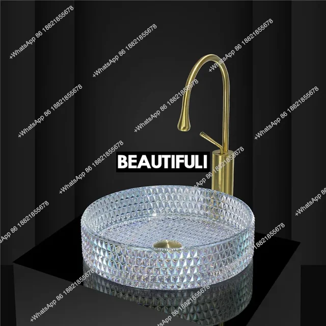 อ่างล้างหน้าแบบตั้งโต๊ะโรงแรม RR Glass อ่างล้างมือ อ่างล้างหน้าแบบหล่อขึ้นรูปด้วยคริสตัลเคลือบสีสันสดใสแบบโปร่งใสสำหรับระเบียง 2