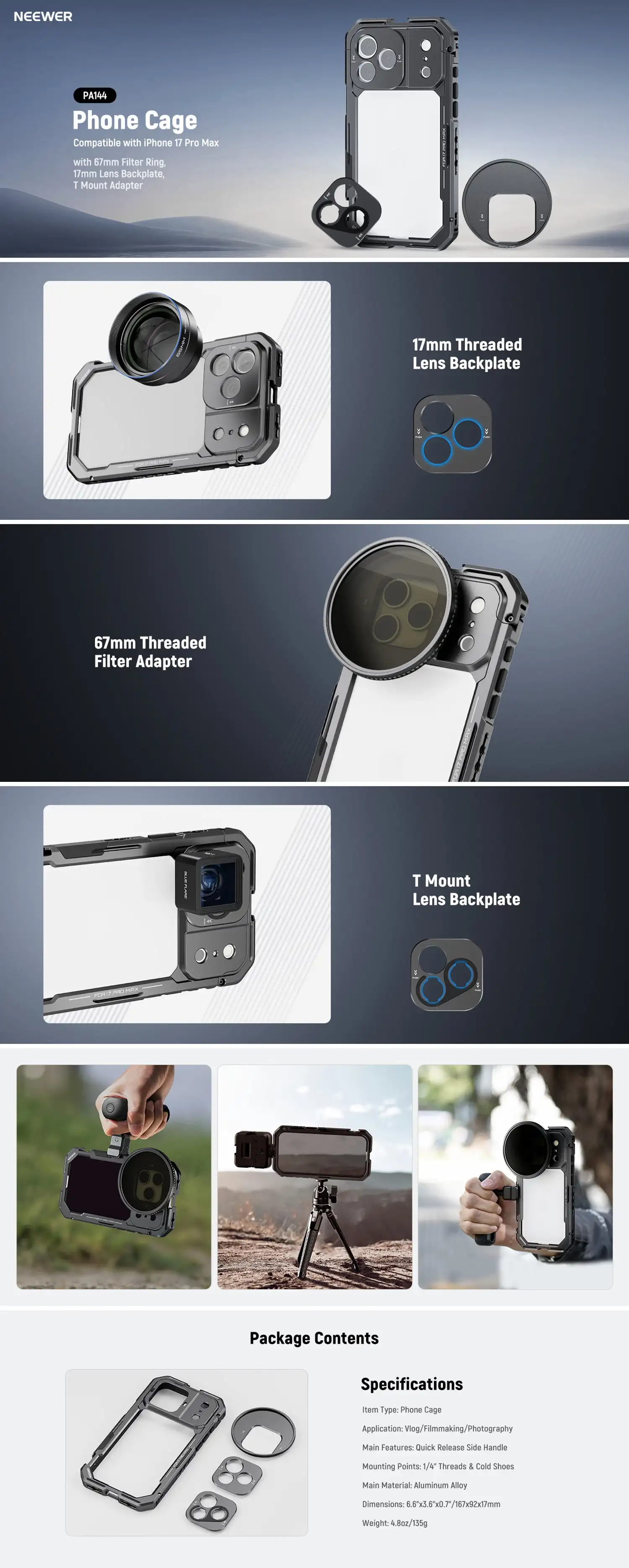 NEEWER Phone Cage for iPhone 17 Pro/ Pro Max Quick Release Video Cage Rig with 6