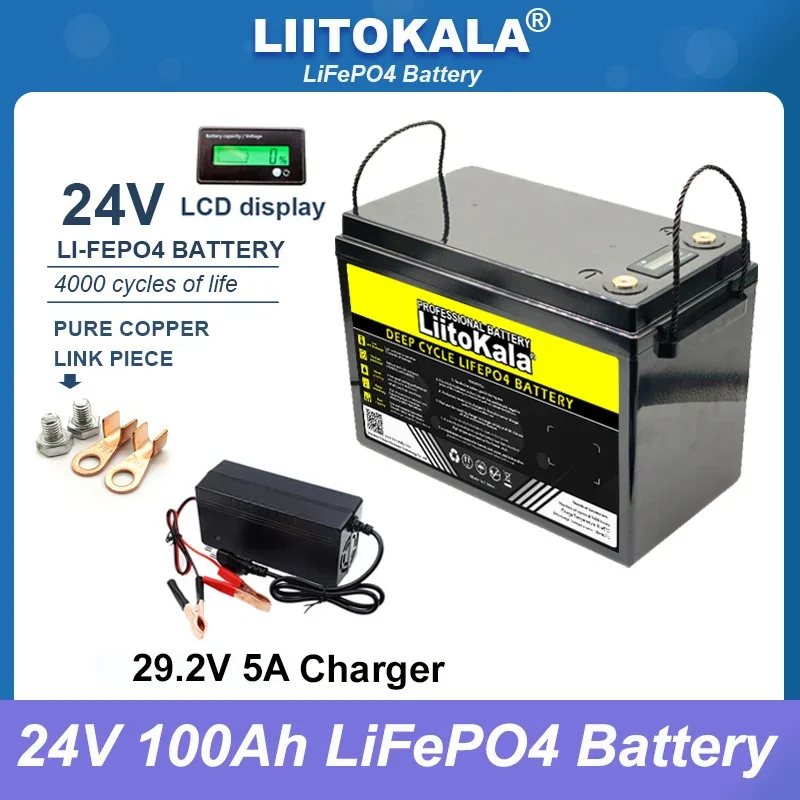 LiitoKala 24V 8 string 100AH LiFePO4 Battery Lithium Iron Phosphate 25.6v inverter Car lighter Batteries 29.2V Charger Tax Free
