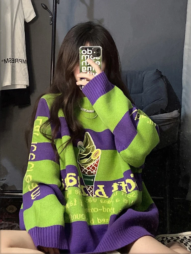 

Модные Полосатые свитера с Вышивкой Букв 0-образный вырез, женская одежда 2023, зимние вязаные повседневные Пуловеры оверсайз, корейские Топы