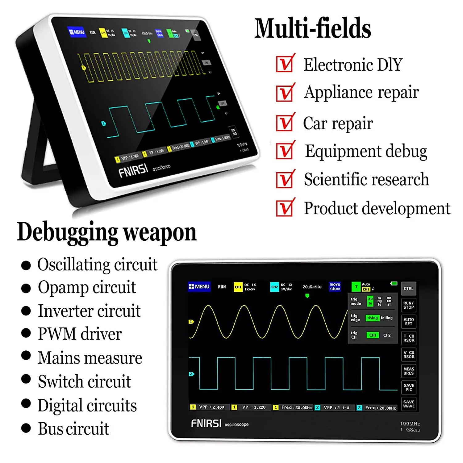 FNIRSI-1013D Digital Oscilloscope Dual Channel 100M Bandwidth 1GS Sampling Rate Mini Tablet Digital Oscilloscope