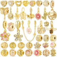New Gold Daisy Safety Chain Family Tree Lucky Clover Cherry Blossom Clip Charm Bead Fit Original 925 Silver Bracelet DIY Jewelry 1