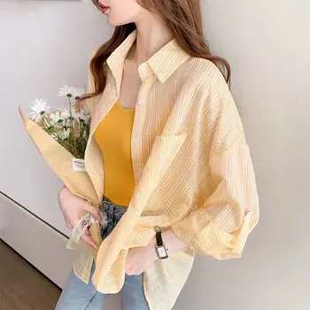 스트릿웨어 루즈한 싱글 브레스트 셔츠, 턴다운 칼라 스플라이싱 여성 의류, 세련된 스트라이프 포켓 블라우스, 봄 여름 신상