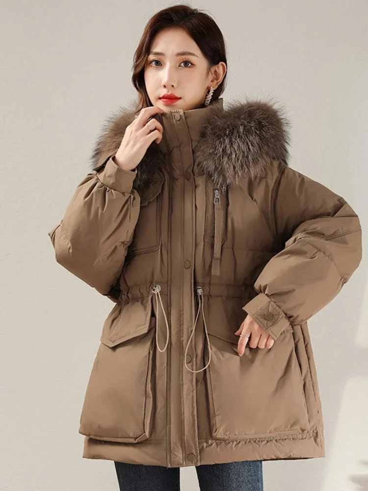 2023 Real Raccoon Fur Collar New Winter Women Pocket 90% White Duck Down Jacket Female Thick Warm Parka Loose Outerwear