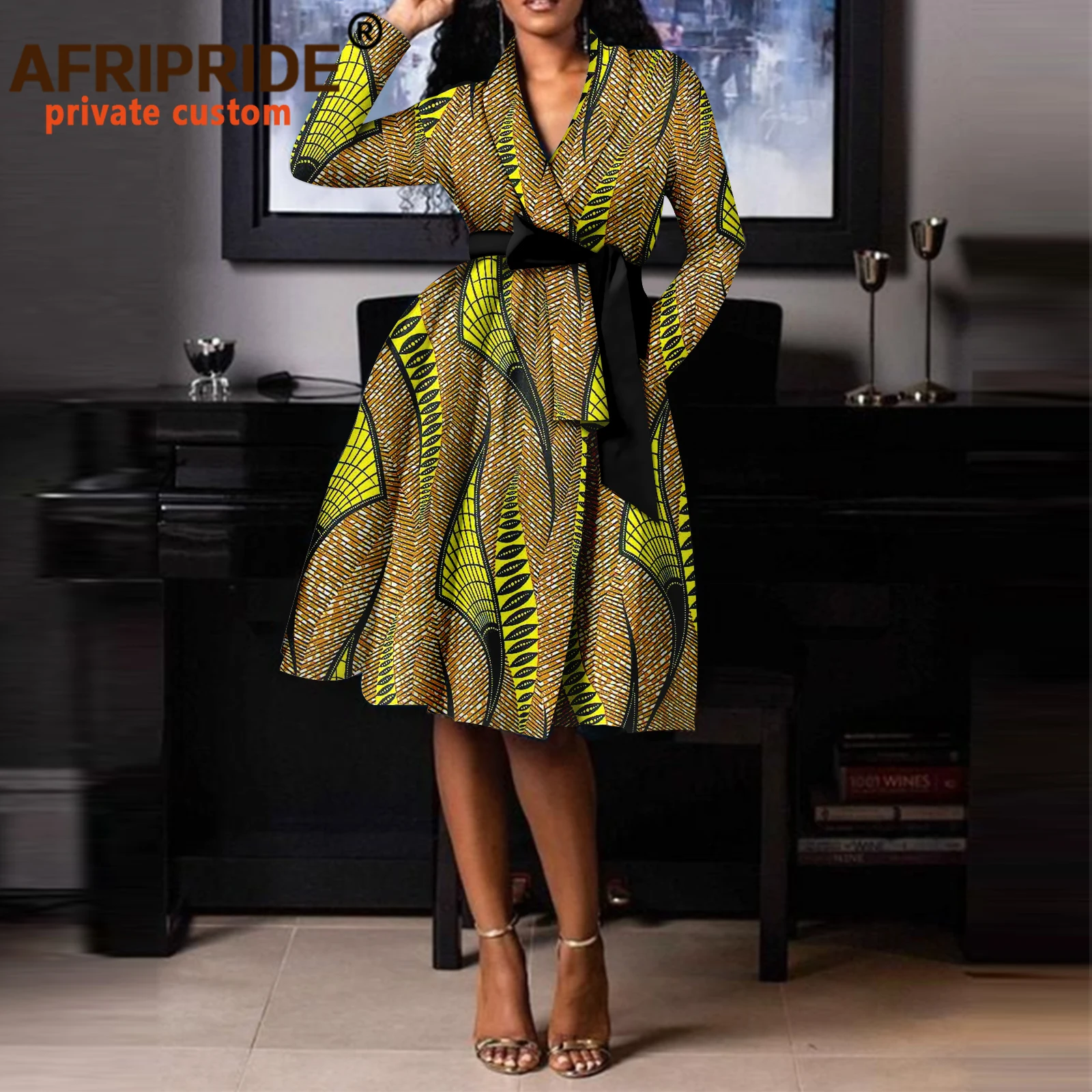 

Afripride African Attire Ankara Dresses for Women Full Sleeves Knee Length Belt Closure Casual Cotton Dress A2225067