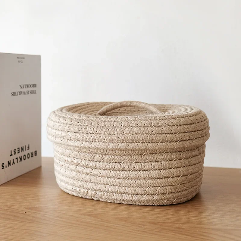 Cotton Knitting Storage Box Solid Color Oval Desktop Finishing Box with Lid Cosmetic Storage Basket Rattan Desk drawer organizer 3