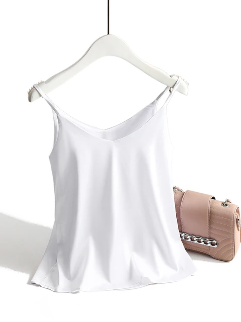 Spaghetti Strap Top Women Halter V Neck Basic White Cami Sleeveless Satin Silk Tank Tops Women'S Summer 2022 Camisole white