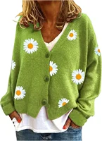 Women's Floral Print Long Sleeve V-Neck Sweaters Button Down Ribbed Cuffs Knit Cropped Cardigan Sweater 1