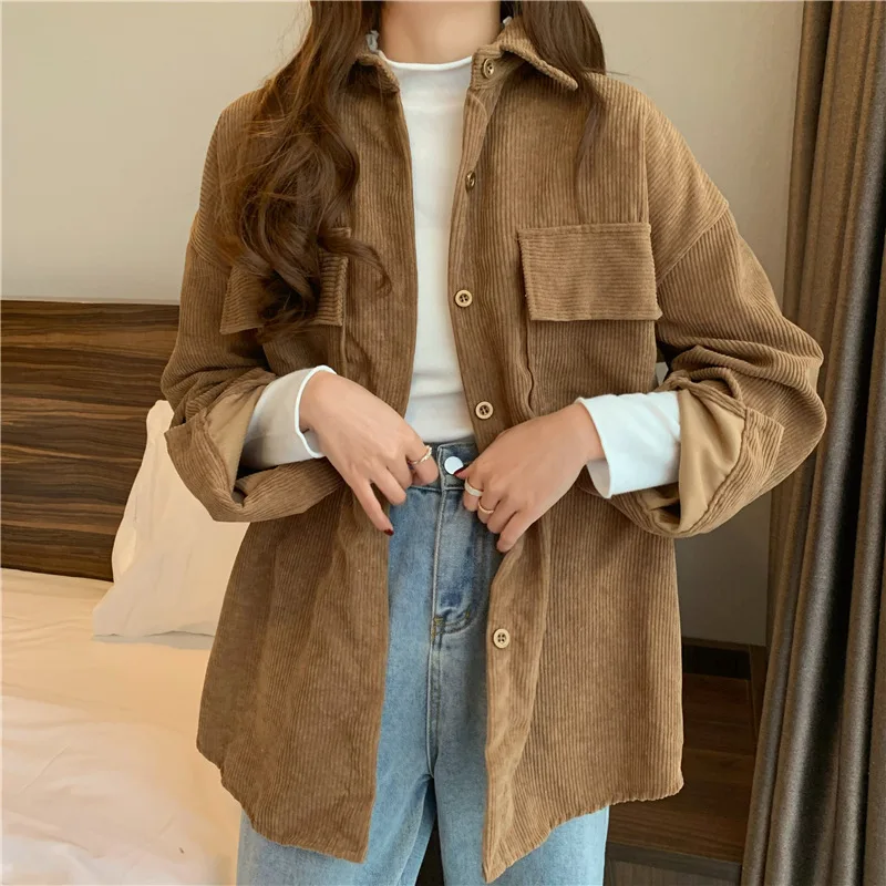 

Jackets for Women Corduroy Outerwear French Style Turn Down Collar Trench Coat Solid Loose Long Sleeves CoatSpring and Autumn