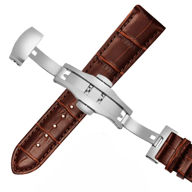 Elegant Universal Leather Watch Strap with Butterfly Buckle - Black & Brown Adjustable Bracelet