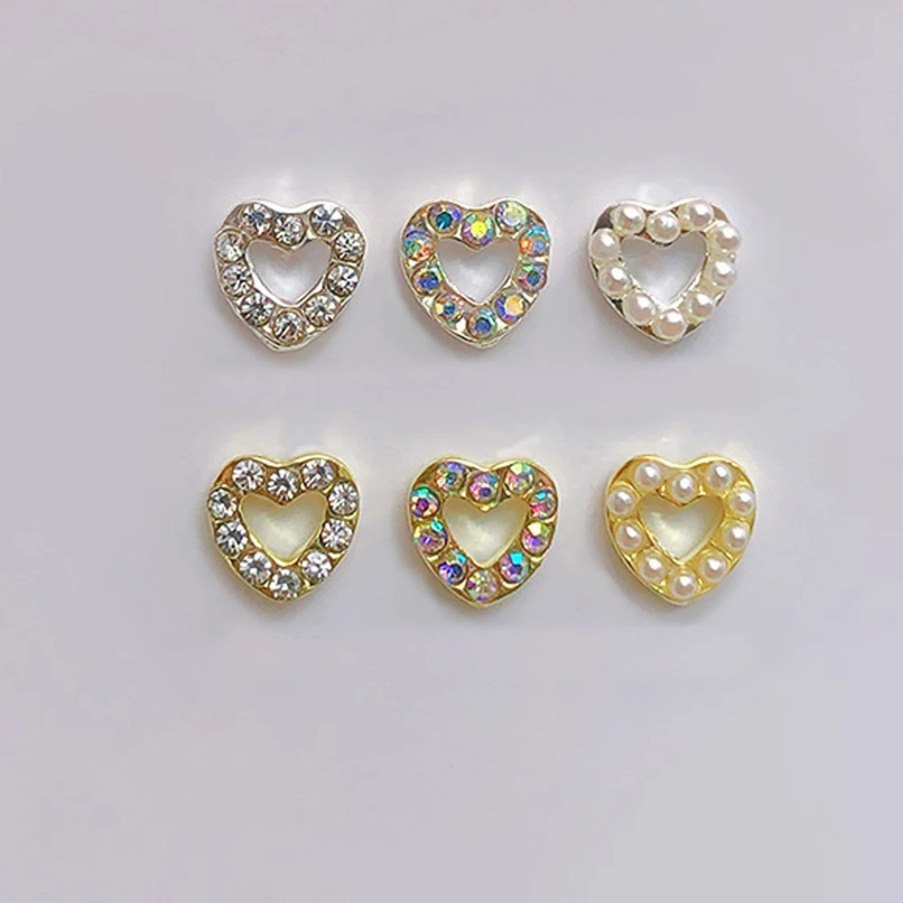 할로우 하트 네일 아트 참, 3D 매력적인 진주, 다이아몬드 가장자리 어라운드 네일 라인석, DIY 럭셔리 샤이니 네일 액세서리, 10 개