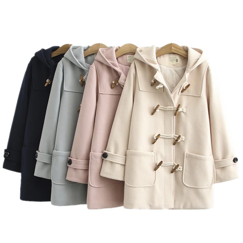 UHYTGF Double Row Horn Buckle Wool Coat Women Long Coat Spring Autumn Clothing Loose size Hooded Woolen Coats Manteau Femme 569