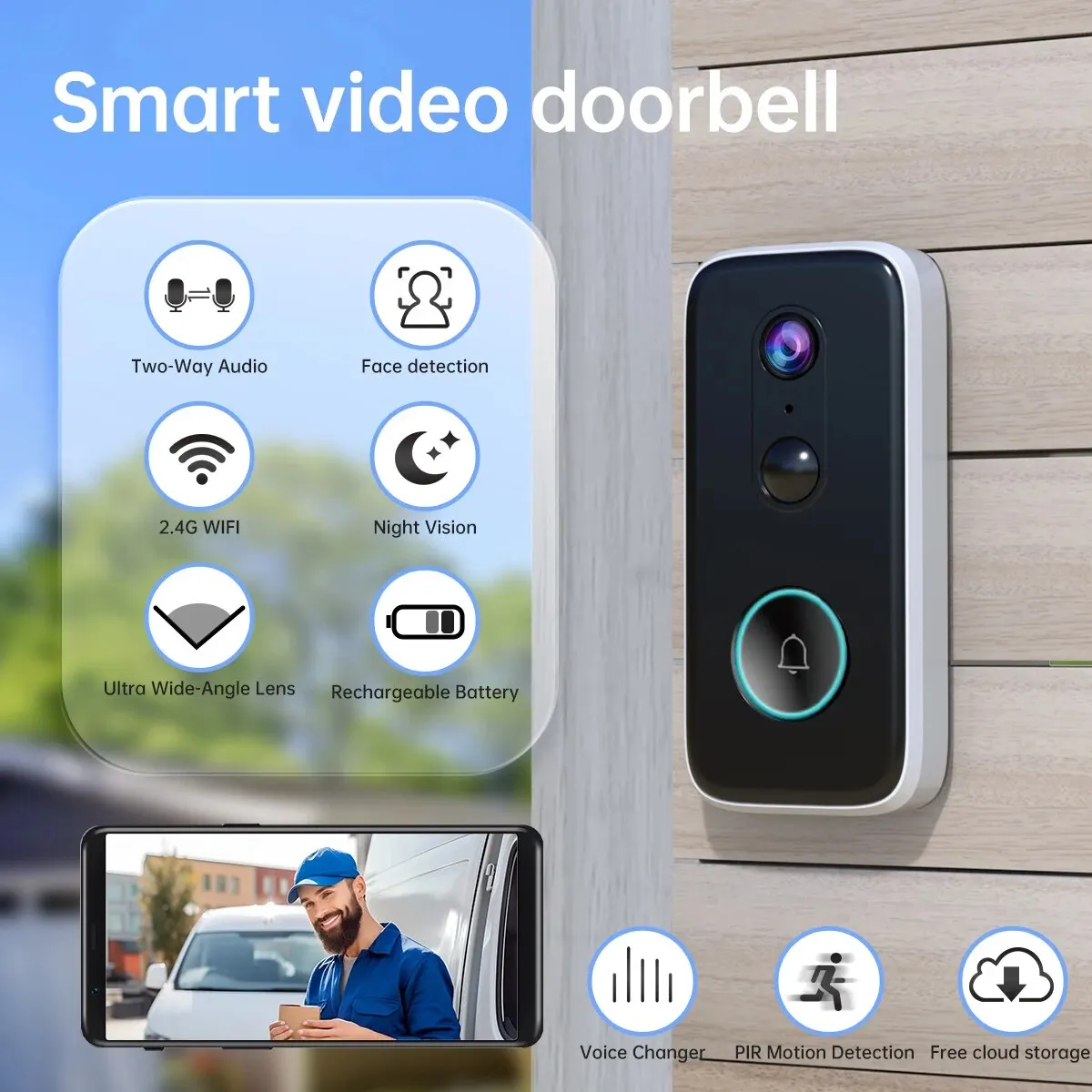 JOOAN 2K HD Wireless Doorbell Camera,Smart Video Doorbell Home Lntercom HD Night Vision 2.4G WIFI Rechargeable Security Doorbell