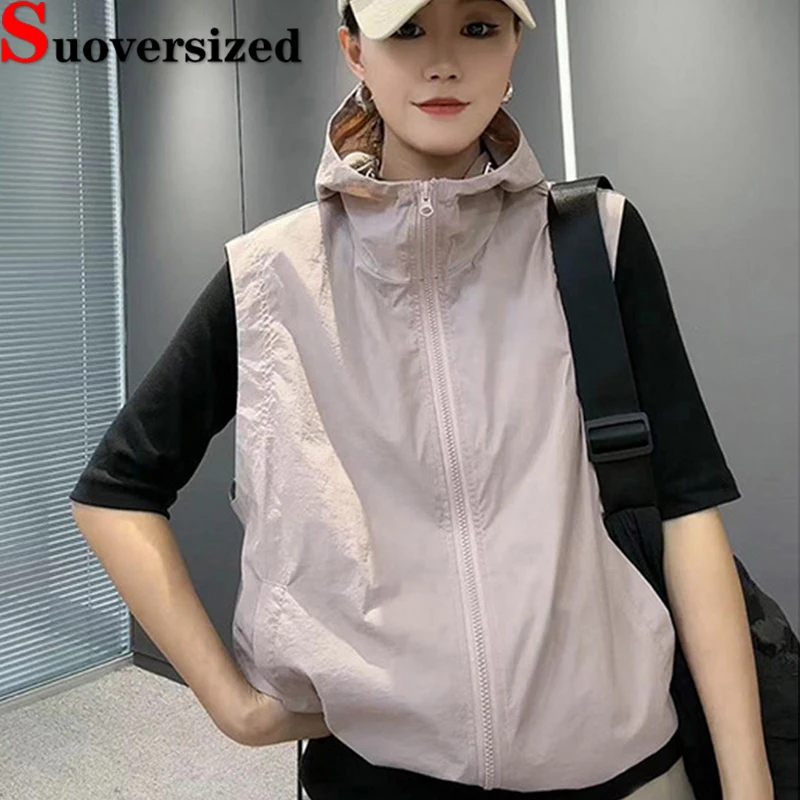 

2024 Summer Thin Womens Vest Oversized 4xl Hooded Waistcoat Loose Casual Sleeveless Jackets Sun Protection Short Chaleco Mujer