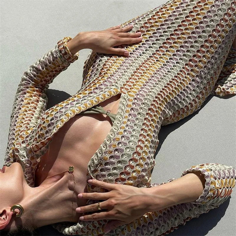 Crochet Dress y2k Clothes Women Geometric Print Turn Down Collar Long Sleeve Long Dresses Vintage Beach Party Dresses