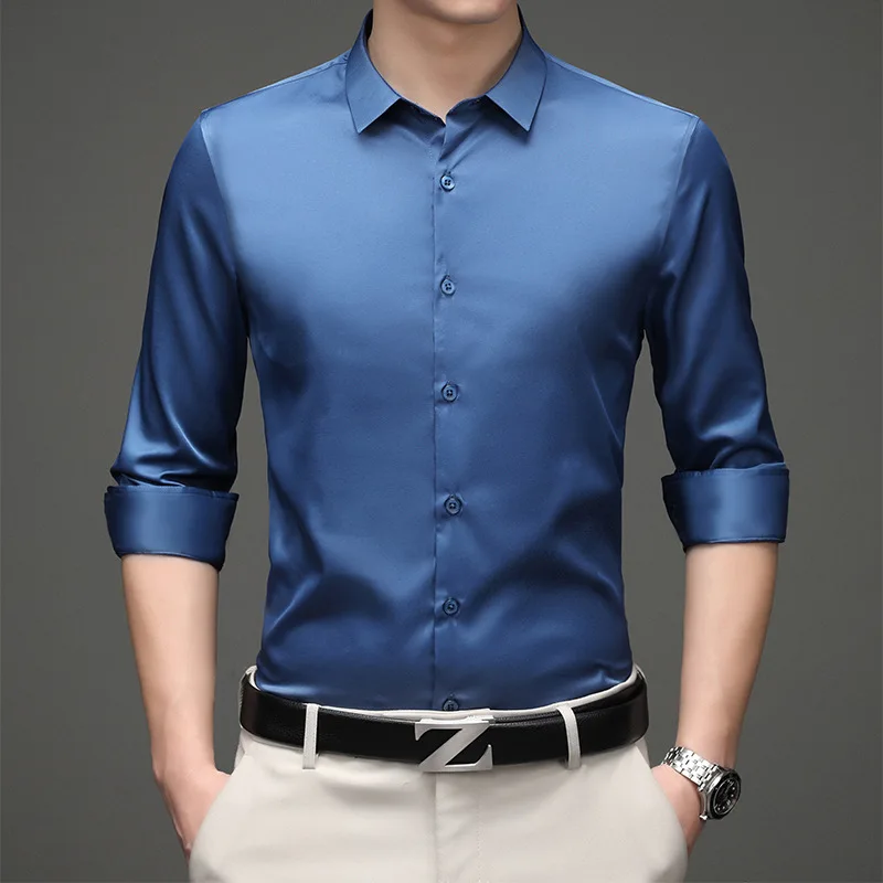 Business Casual Party Social Shirt Men's Long Sleeve Anti-wrinkle No-Iron Stretch Slim Color Fashion Trendy Men's Clothing