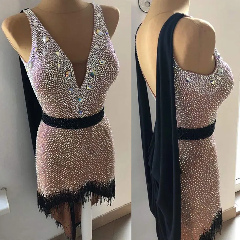 

Full rhinestone Latin dance dress deep V-neck shawl Latin dance competition dress ChaCha Tango Rumba dance wear