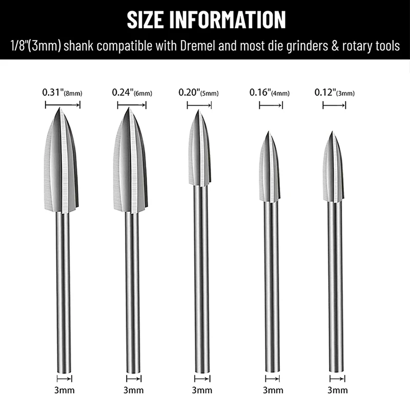 7Pcs Wood Carving Bits, 1/8Inchshank HSS Engraving Drill Tool Wood Crafts Grinding Accessories With 4486 Chuck wood router table