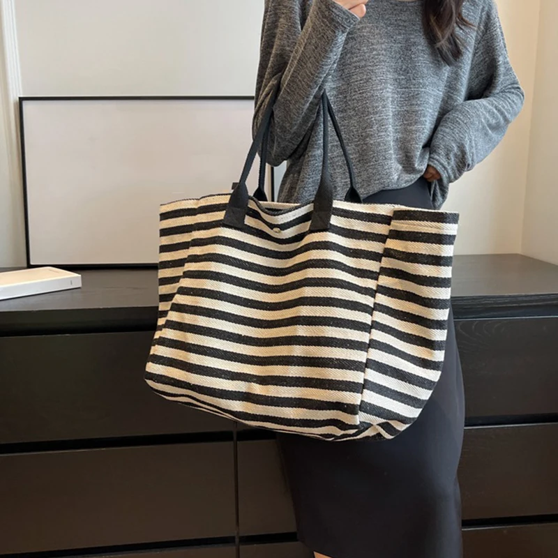 Women Canvas Shoulder Bag Ladies Shopping Bags High Quality Handbags Simple Stripe Design Tote Books Bag For Girls