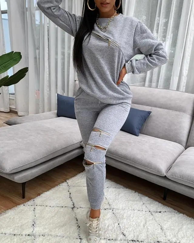 European and American women's fashion autumn and winter new casual personality zipper solid color sweater two-piece suit women