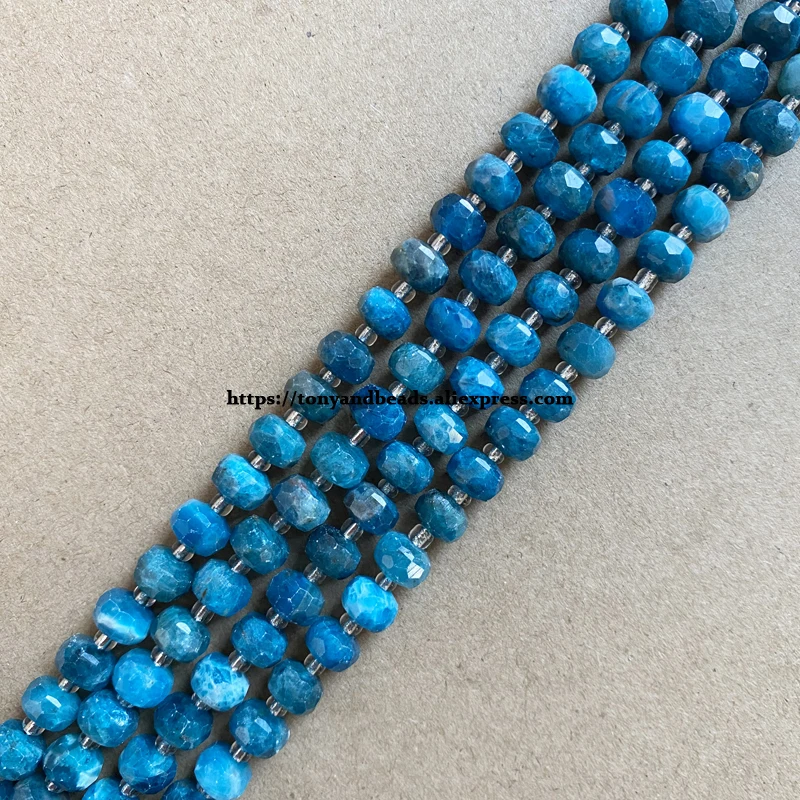 

Semi-precious Stone Diamond Cuts Faceted Rondelle Blue Apatite 7" Loose Beads Size 8x6mm For Jewelry Making DIY