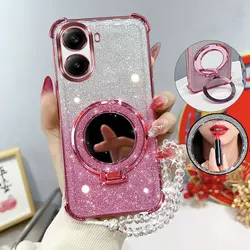 Custodia per telefono glitter shockproof con supporto a specchio e tracolla di perline
