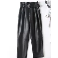 Women's High Waist Matte Sheepskin Leather Pants Ankle Length Trousers with Thin Belt Spring Autumn Fashion Smoke Pipe Style