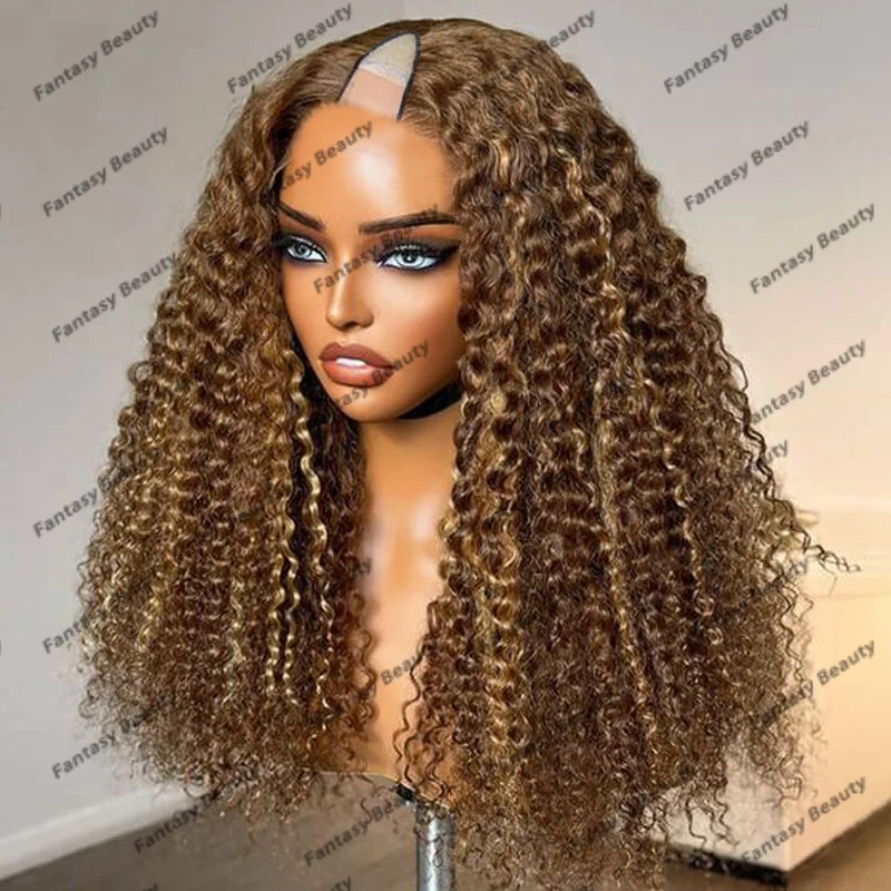 100% Human Hair Bayalage Highlight Golden Brown Blonde Human Hair 1x4 Size U Part Wigs for Women 250Density Afo Kinky Curly Wigs
