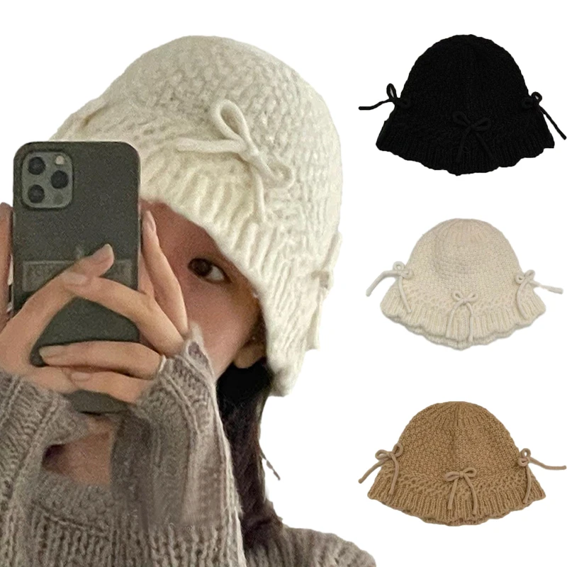 Вязаная шапка с бантом в Корейском стиле, осенне-зимняя теплая вязаная Рыбацкая шапка с бантом для защиты ушей, шапка Y2K для девушек, аксессуары для умывальника