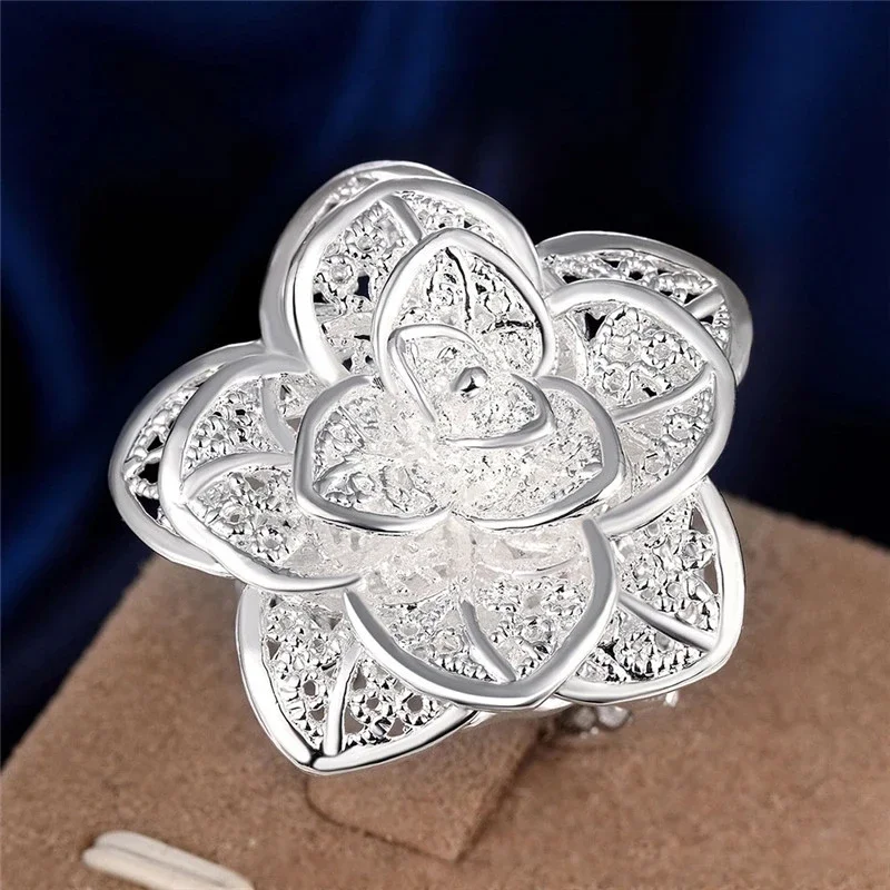 925スターリングシルバー 花形リング 女性のための大きな花の形をしたスターリングシルバーリング,925