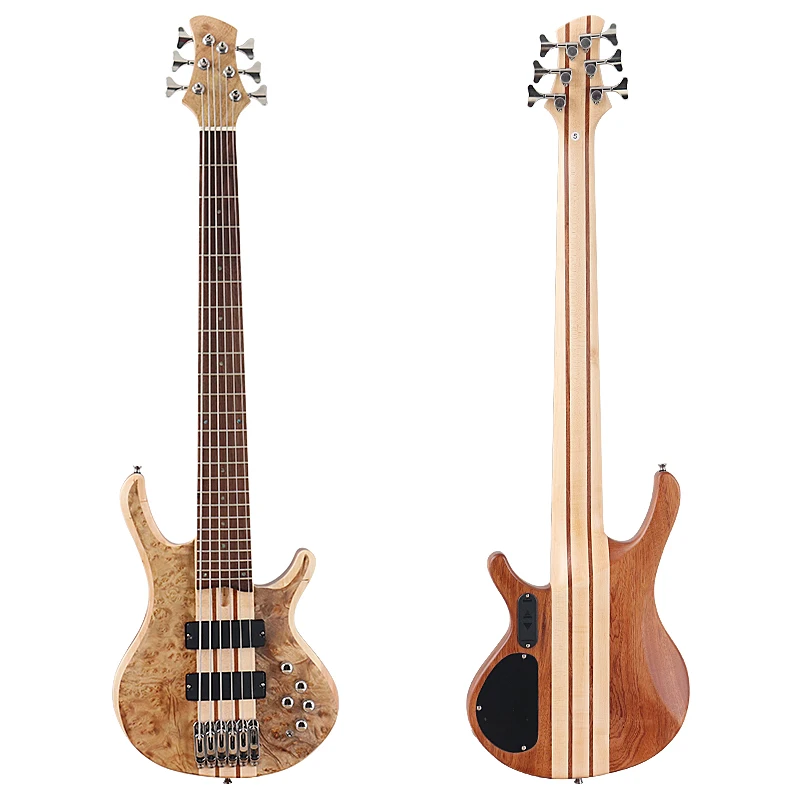 One Piece Tree Burl Top 6 String Electric Bass Guitar Active Guitarra Solid Okoume Wood Body  43 Inch Bass Guitar High Grade