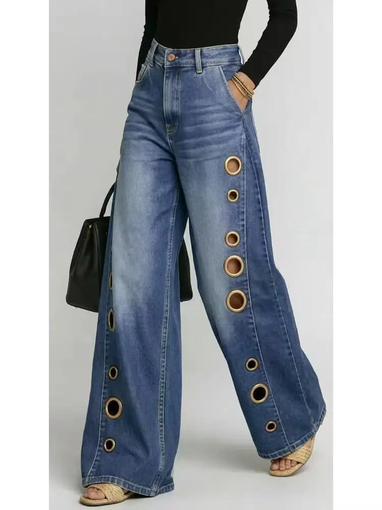 Nouveau Jean à Jambes Larges avec Œillets pour Femme, Taille Haute, Sexy, Élégant, Style Streetwear, Denim à Trous, Coupe Droite