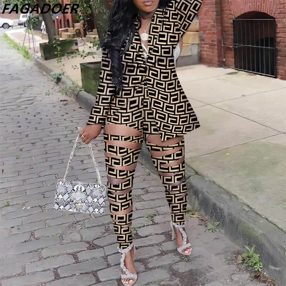 

FAGADOER Fashion Camouflage Print Streetwear Fall Winter Women Turndown Collar Button Coat And Hollow Out Skinny Pants Outfits