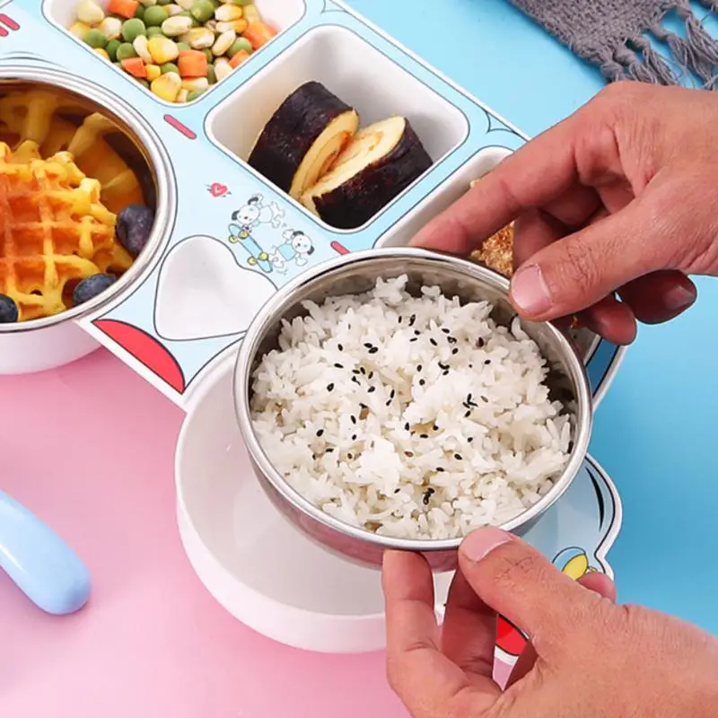 Stainless Steel Baby Feeding Bowl Children Tableware Set Cute Cartoon Car Shape Eating Training Dishes Plate with Spoon Fork