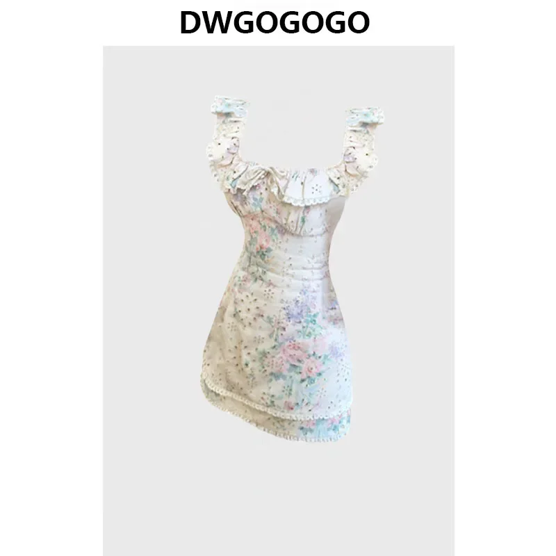 

French Style Temperament Chic Sling Dresses Women 2024 New Sweet Square Collar Flying Sleeve Hollow Out Slim Fit Floral Dress