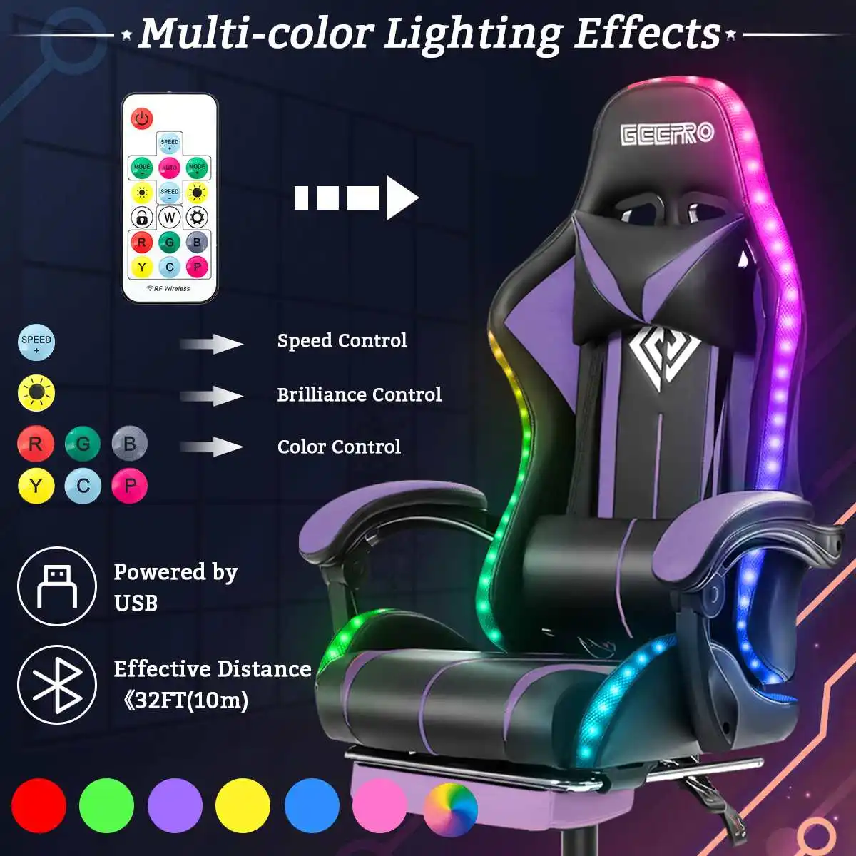 Gaming Chair With PVC Leather RGB Light Office Chair Gamer Computer Chair Ergonomic Swivel Chair 2 Point Massage Racing Chair 2