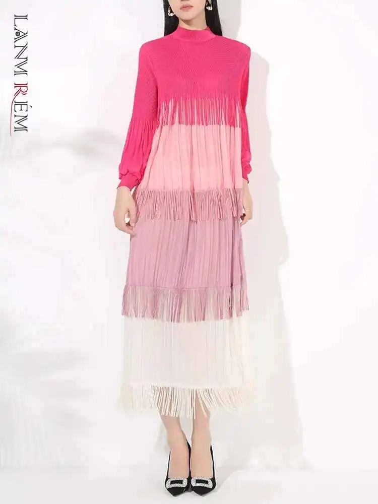 LANMREM 2025 Spring Pleated Long Dress For Women Contrast Color Tassel Design A-line Dresses Elegant Party Clothing 2VV2055