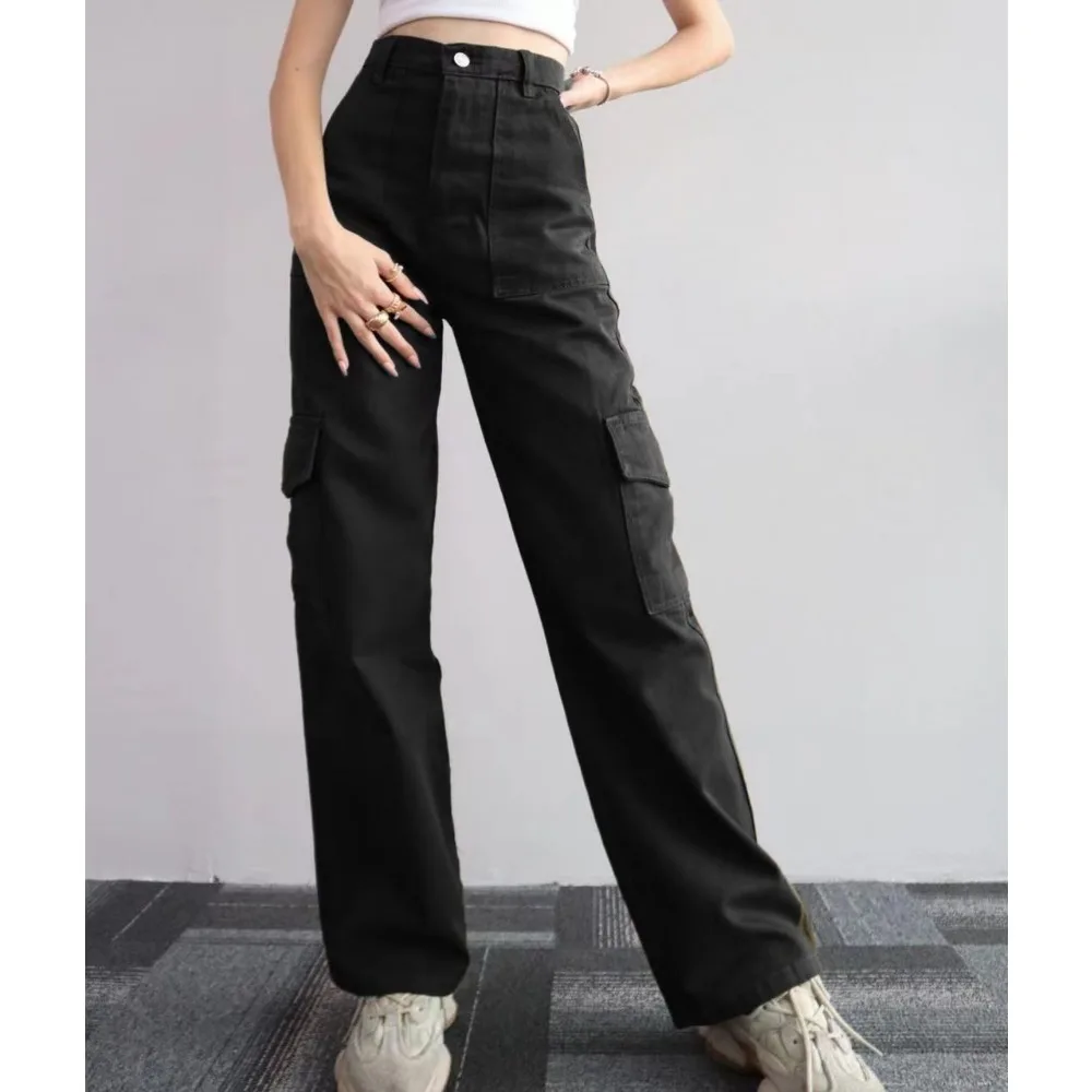 

Summer Cargo Women‘s Pants Mid-waist Vertical Pockets Clothes Casual Button Zipper Fly Clothing Streetwear Wide Leg Trousers