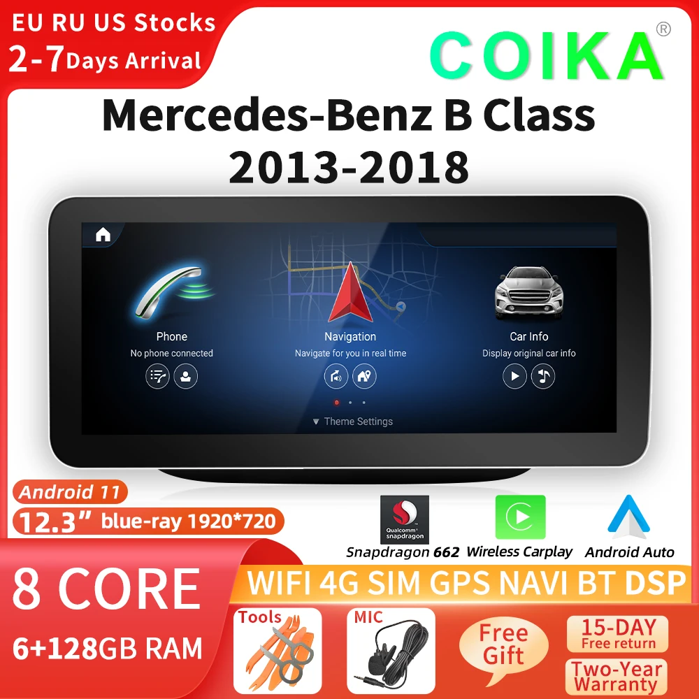 

Автомагнитола COIKA 12,3 дюйма HD Android GPS для Mercedes W246 2013-2018 IPS сенсорный экран WIFI SIM Carplay Радио мультимедийный плеер