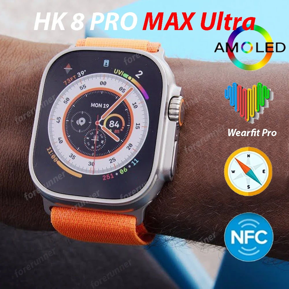 Hk8 Pro Max Ultra Smart Watch Men 49mm Amoled Screen Compass Nfc Smartwatch  Hk