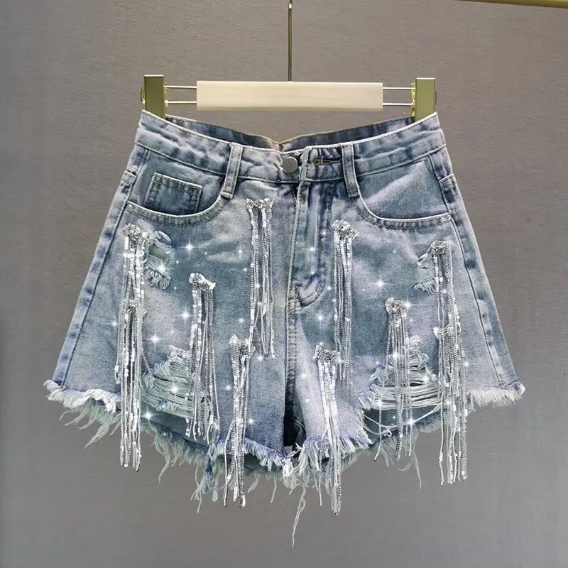 

Girls Y2K Jeans Shorts Women 2023 Summer New European Streetwear Style Sequin Fringed Ripped Denim Hot Pants