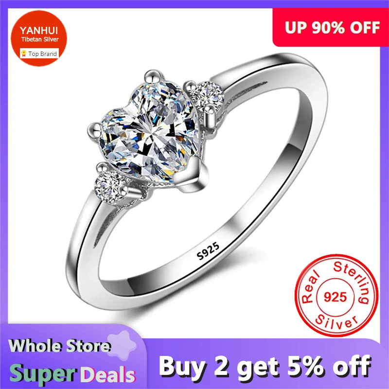 Allergy Free Real White Tibetan Silver Heart Cubic Zirconia Engagement Rings for Women Girl Romantic Jewelry Gift