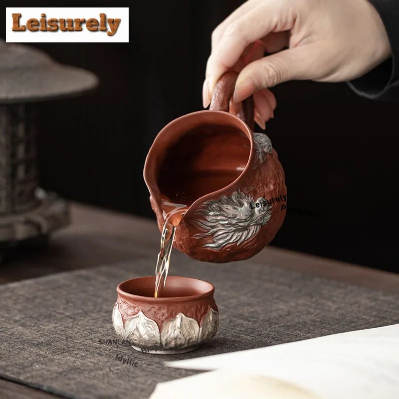 Purple Clay Sier-plated Dragon Lotus Petal Tea Pitcher Divide Tea Cha Hai Dispenser Justice Cup Fair Mug Tea Ceremony Ornaments