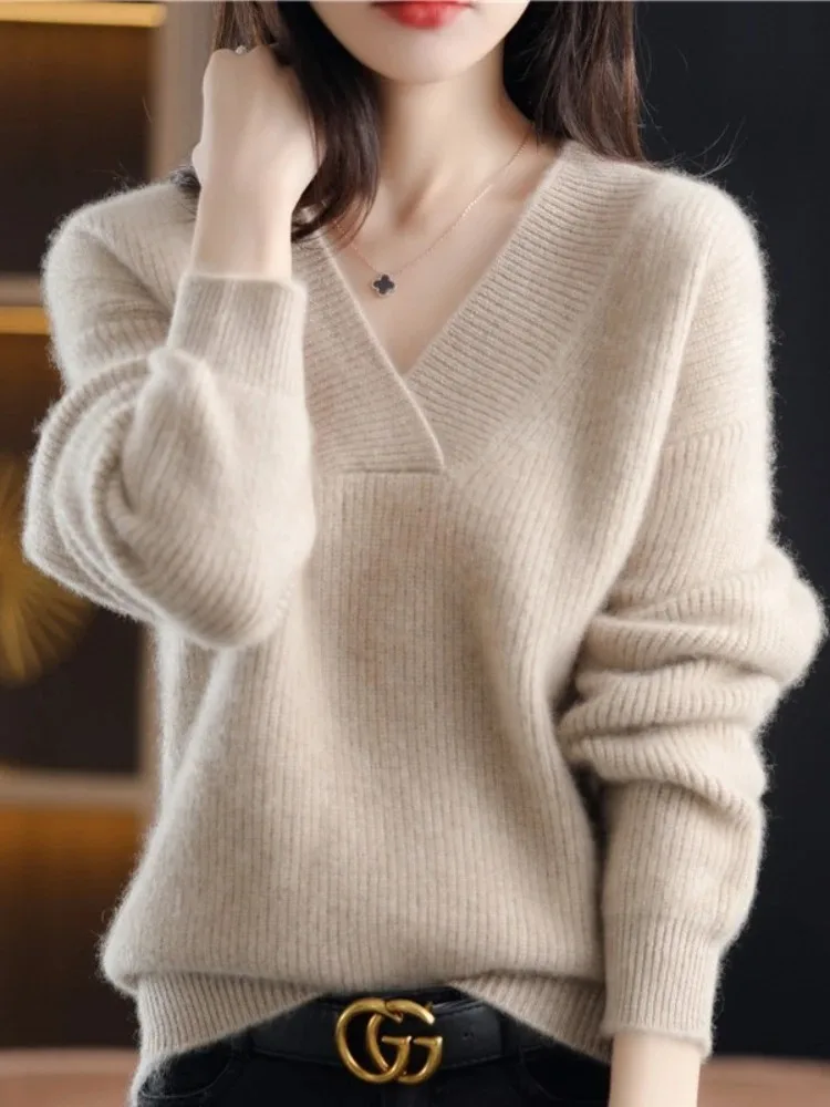 Women Long Sleeve Knitted Sweater V Neck Winter Casual