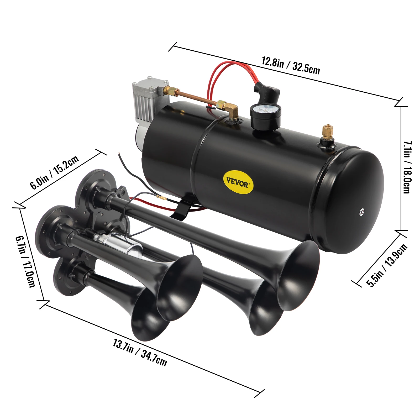 VEVOR 12 V 150 dB Drucklufthorn Lufthorn, LKW Hupe, 4 Trompeten Schiffshorn  Luftkompressor Geeignet für Fahrzeuge LKW Zug Auto Van Boot Motorrad usw.  (Schwarz) Druckluft Horn LKW Drucklufthorn