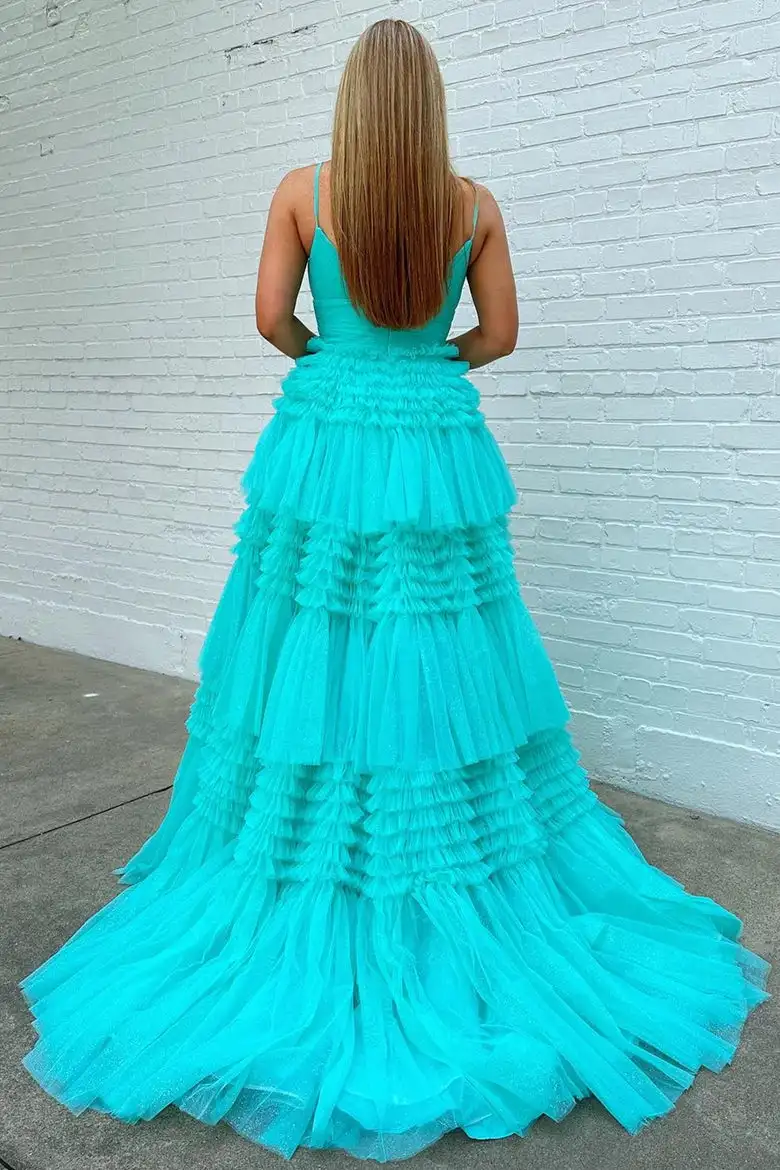 Spaghetti Straps V-Neck Long Prom Dress Tulle Backless Floor-Length Evening Gowns With Ruched Multi-Tiered Elegant Party Dress