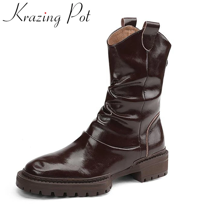 

Krazing Pot New Full Grain Leather Round Toe Med Heels Stretch Boots Thick Bottom British School Pleated Cozy Zipper Ankle Boots