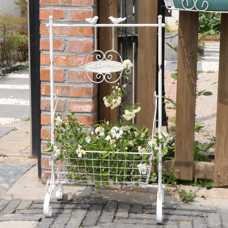 European Style White Flower Rack Wrought Iron Do Old Flower Basket for Garden Balcony Floor Welcome Sign Shop Window Plant Stand