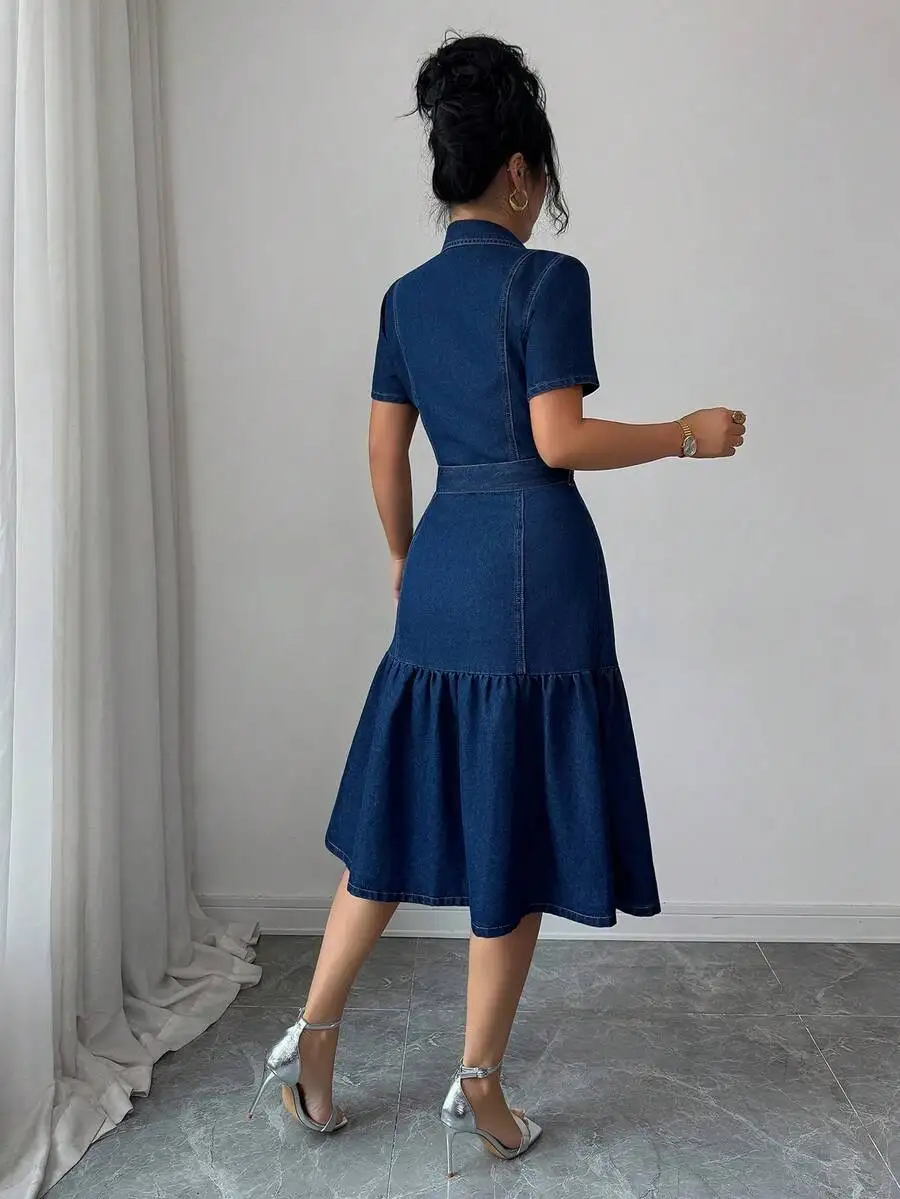 Womens Denim Shirt Dress With Button Front And Belted Waist 5