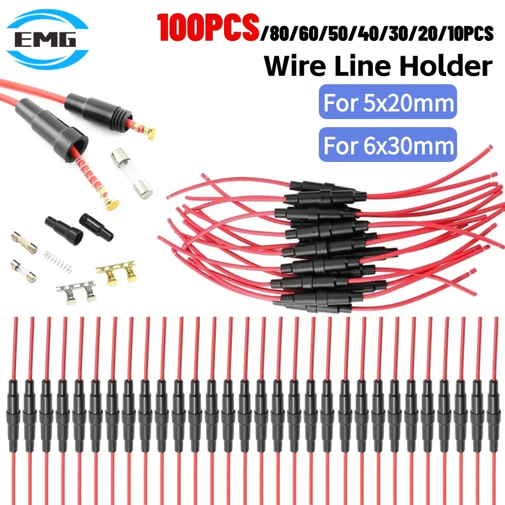 Glass Fuse Kit 10-100pc Quick Impact Glass Fuse Holder Preventing Short Circuits Wire Line Holder 5x20/6x30mm Glass Tube Fuse Auto Parts